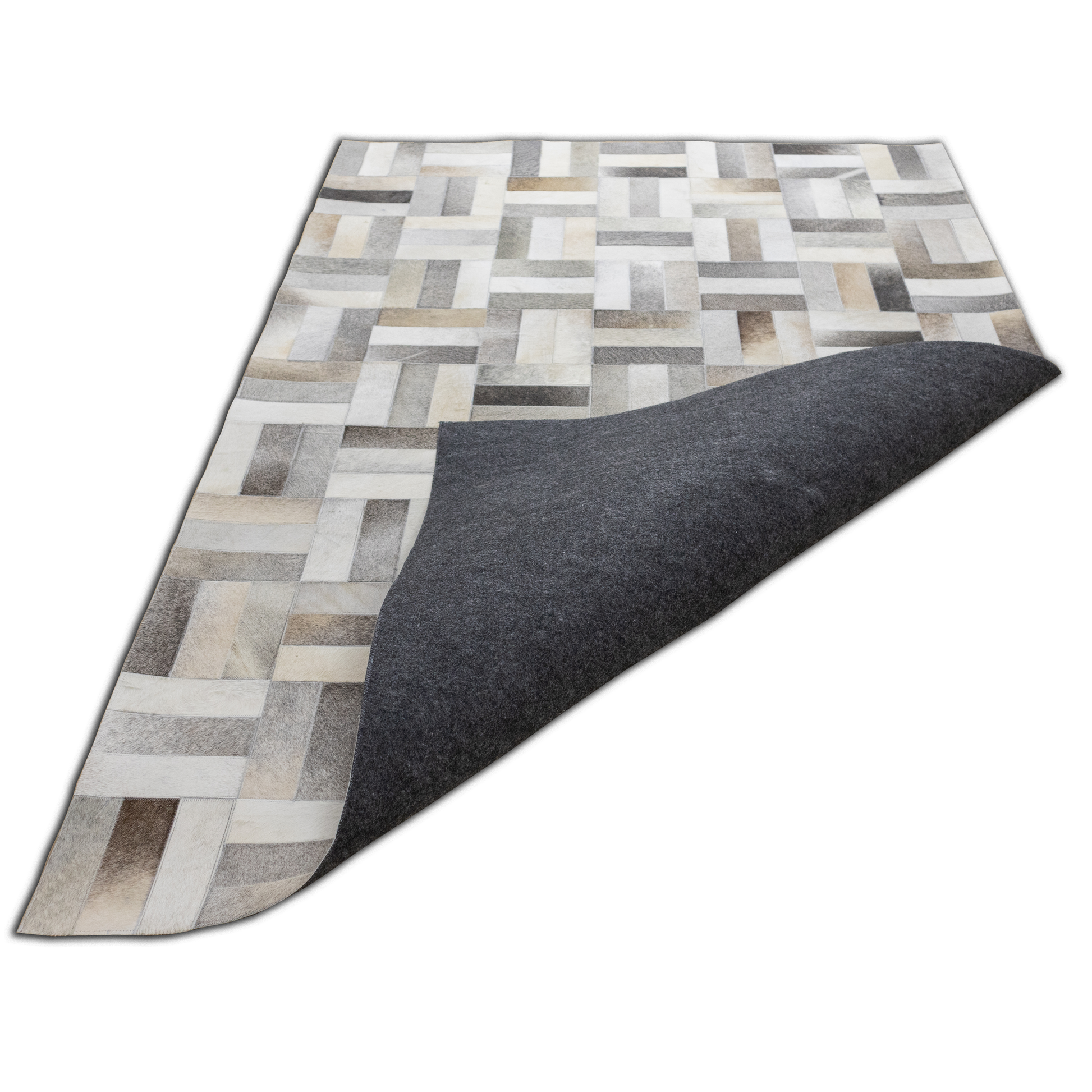 Hand-Stitched Ivory and Grey Geometric Leather Area Rug