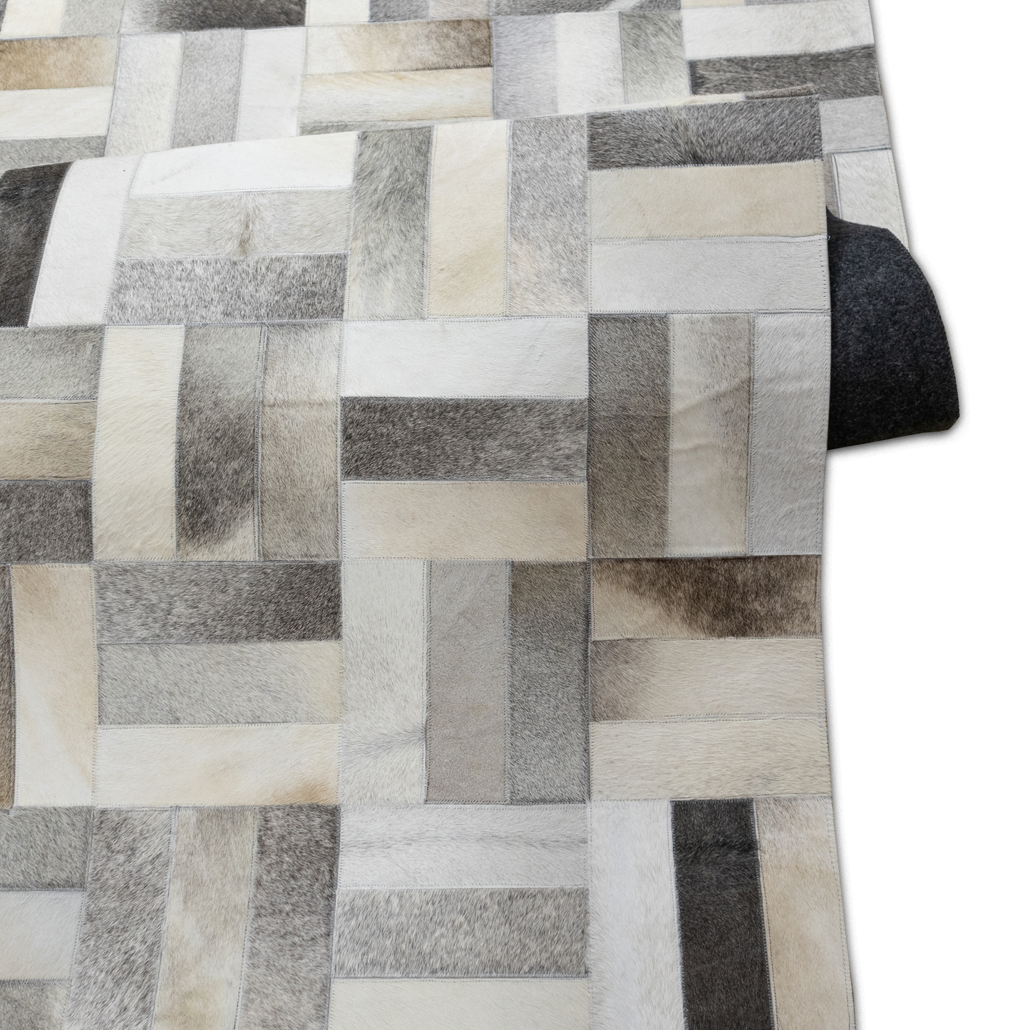 Hand-Stitched Ivory and Grey Geometric Leather Area Rug