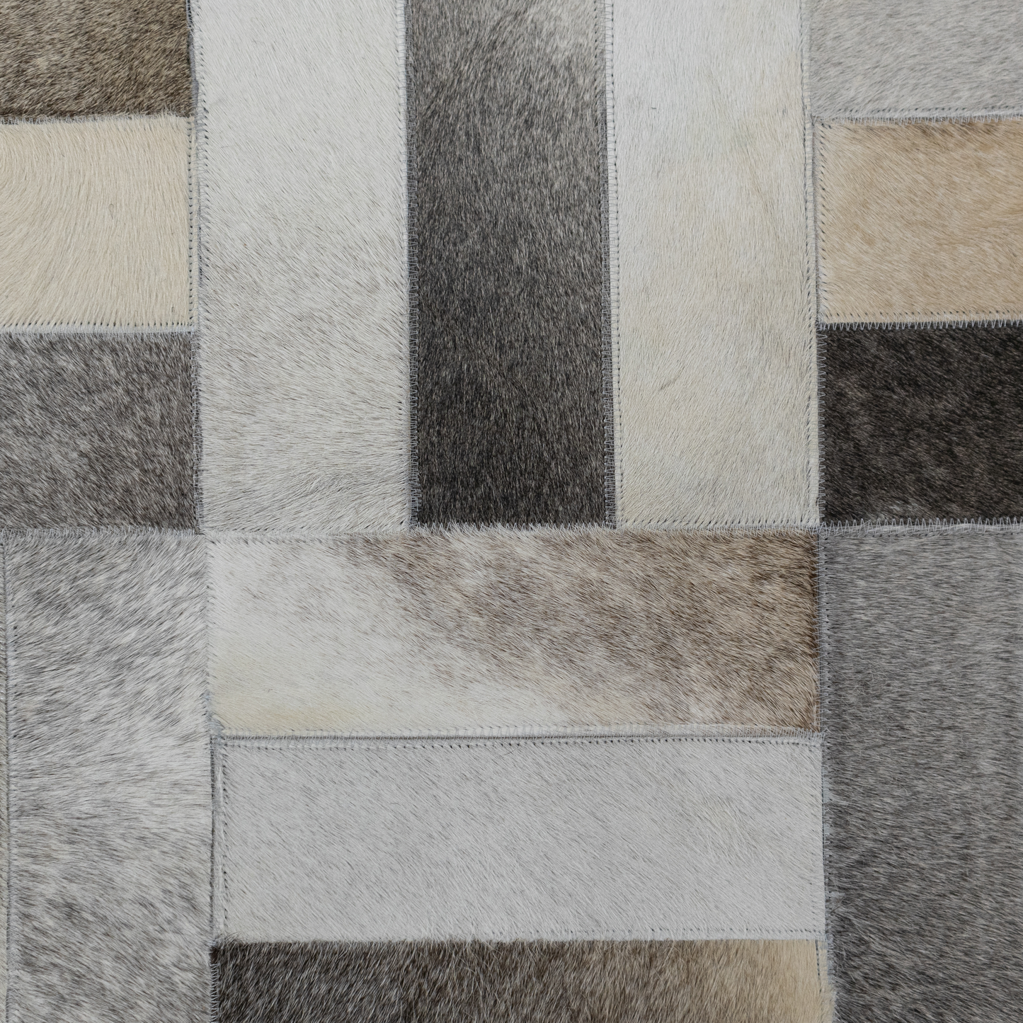 Hand-Stitched Ivory and Grey Geometric Leather Area Rug