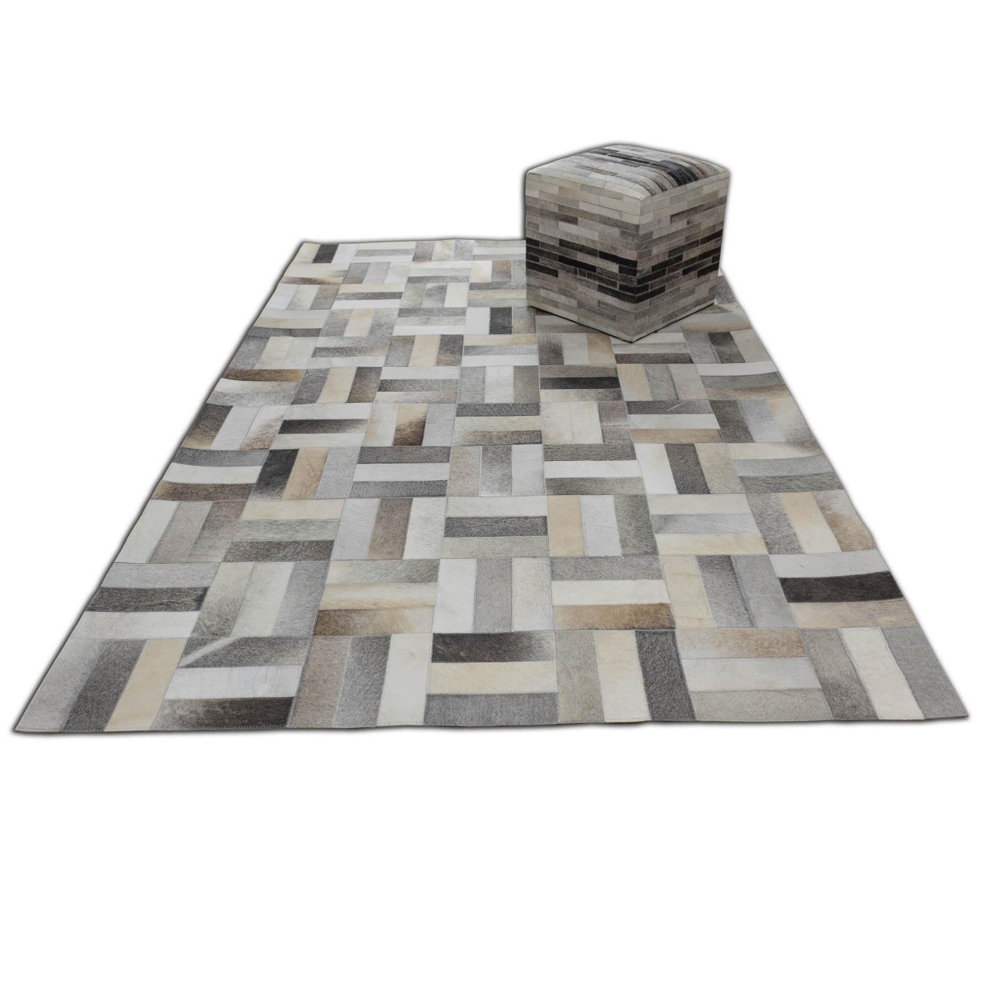 Hand-Stitched Ivory and Grey Geometric Leather Area Rug