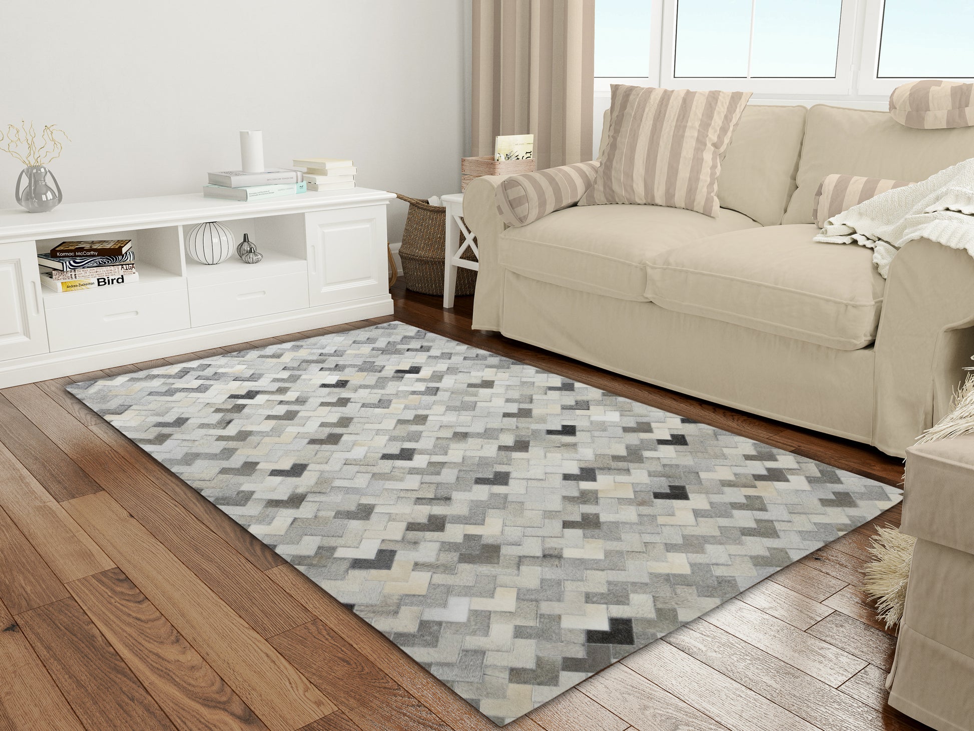 Handmade 50 Shade of Grey Geometric Leather Area Rug